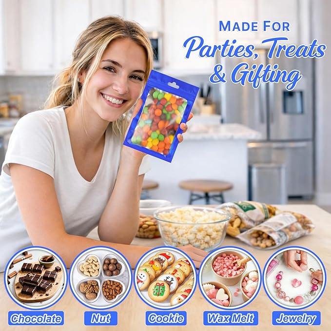 100 PCS Resealable Mylar Bags with Frosted Clear Window Packaging Bags Foil Pouch Zipper Bag for Food Self Sealing Storage Supplies (5.51x7.87, Blue)