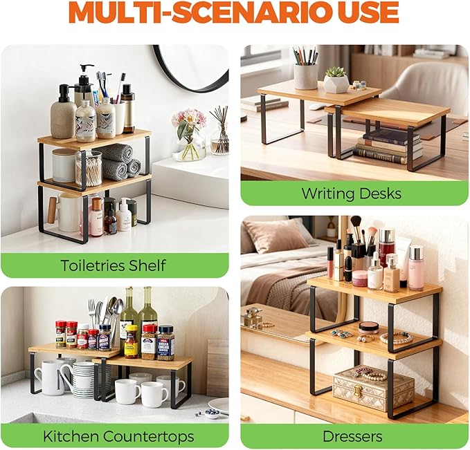 Cabinet Organizer Shelf - 4 Pack Wood Kitchen Organizer, Upgraded Cabinet Organizer Shelf for Kitchen Storage, Countertop, Spice Rack, Stackable, Expandable, Ink Black and Natural Beig