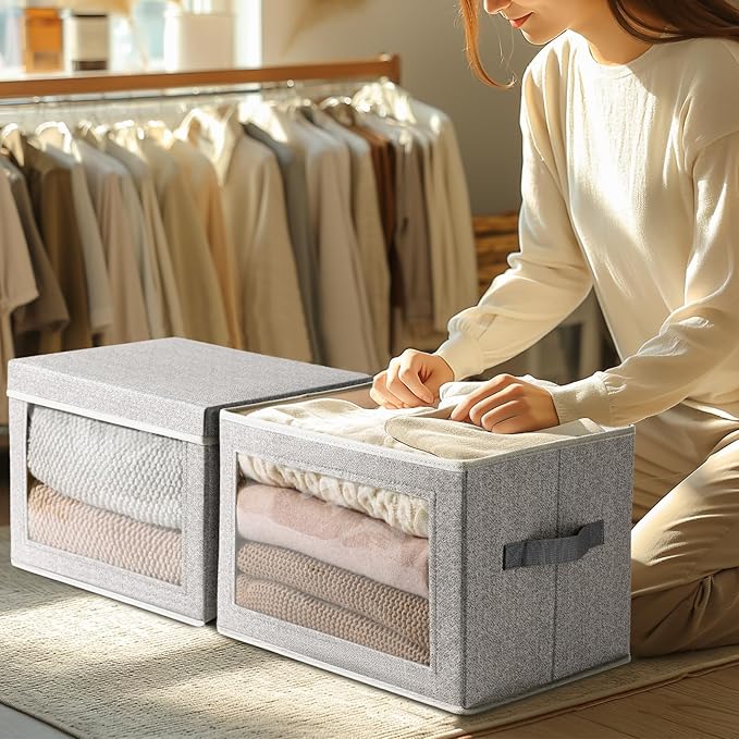Homsorout Large Storage Baskets with Lids - Stackable Cube Bins for Closet, 6 Pack Windows Organizer Bins, Home Organizers and Storage for Clothes, CD, Towels, Light Grey