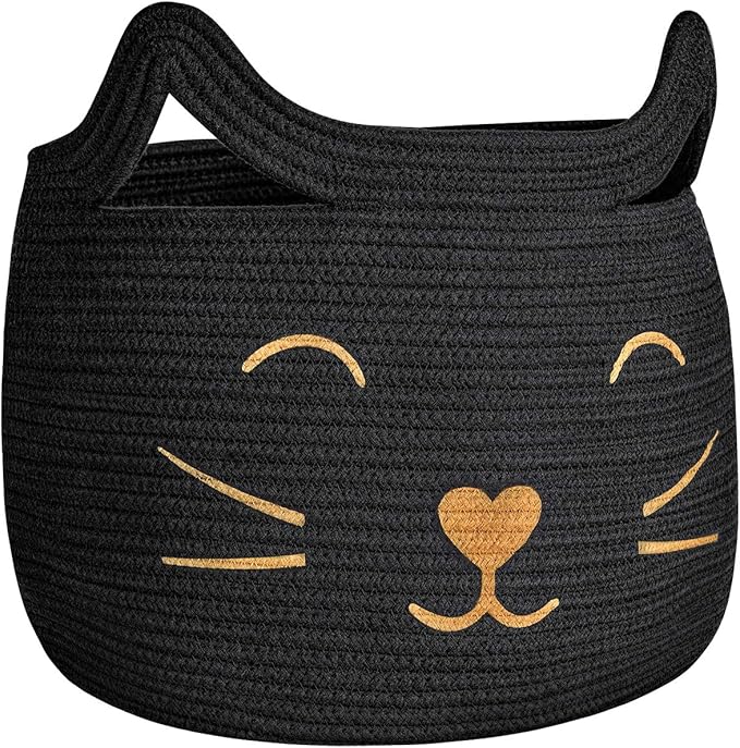 Large Woven Cotton Rope Storage Basket, Baby Laundry Basket Organizer for Toys, Blanket, Clothes, Towels, Gifts | Pet Gift Baskets for Cat, Dog - 15.7" L×11.8" H, Black