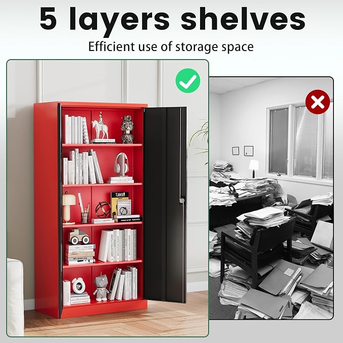 Letaya Metal Storage Cabinets with Lock, 71" Tall Locker Organizer Steel Cabinets, Adjustable Shelves 2 Doors for Home, Office, Warehouse,Garage,Industrial,Employee Lockers (Style B, Black Red)