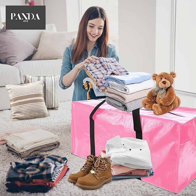 PANDA JOYS 12 Pack Extra Large Moving Bags with Zippers & Carrying Handles, Heavy-Duty Storage Tote for Space Saving Moving Storage, Fold Flat, Alternative to Box and Bin,Pink