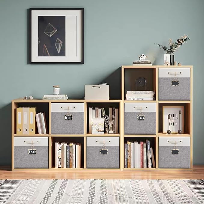 13x13x13 Storage Cube Bins 4 Pack,Collapsible Fabric Storage Cubes with Labels,Linen Cube Storage Organizer Bins with Cotton Handles,Square Storage Cubes for Home,Office,Clothes,Cabinet(White Grey).