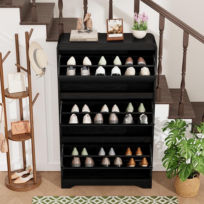 Garvee Hidden Shoe Cabinet, Black | 3 Flip Drawers, Freestanding, For Entryway, Hallway, Foyer, Modern Design, Small Space