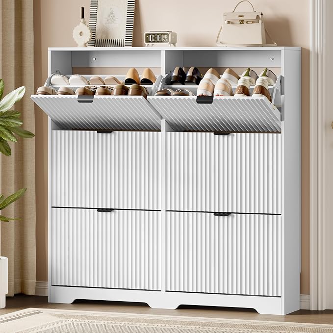 Xixini Shoe Storage Cabinet for Entryway with 6 Flip Drawers, Hidden Slim Wood Shoe Organizer with Modern Fluted Panel, Freestanding Narrow Shoe Rack for Front Door Entrance, Hallway, Foyer, White