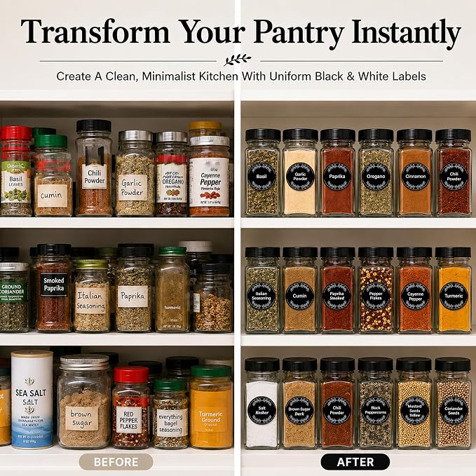 665 Spice Labels Book with A-Z Index, Black Round Pantry Stickers