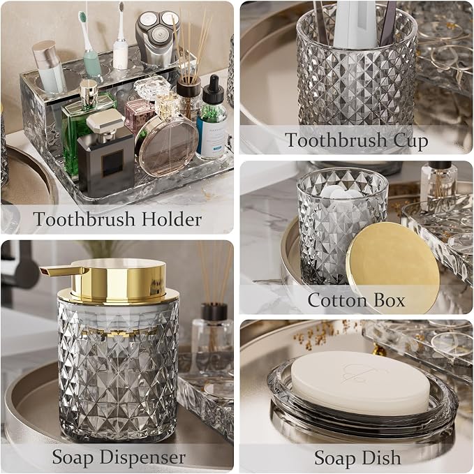 Glass Bathroom Accessories Set 5Pcs Crystal - Foaming Soap Dispenser, Soap Dish, Cup, Acrylic Toothbrush Holder with Tray Organizer, Qtip Jar, Bathroom Counter Set Sink Decor (Black)