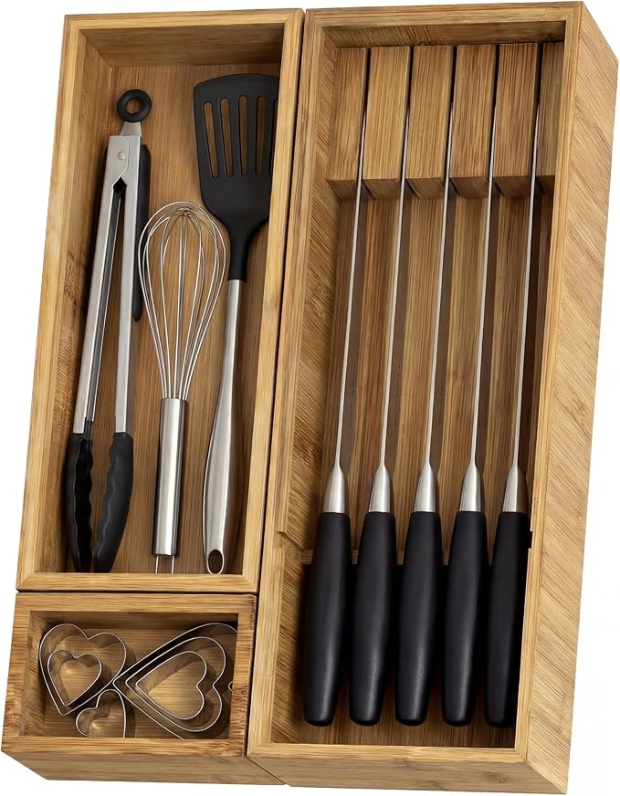 KOCWELL Bamboo Drawer Organizer with Knife Block, 3 Removable Silverware Drawer Organizer Bins - Multi-Use for Kitchen Utensils, Office, Makeup, Tools Storage