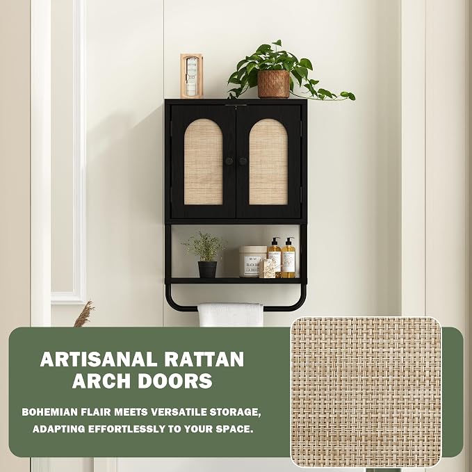 RUSTOWN Rattan Bathroom Wall Cabinet, Boho Over The Toilet Storage Cabinet | Arched Rattan Doors, Modern Medicine Cabinet, Adjustable Shelves, Towel Bar, Black