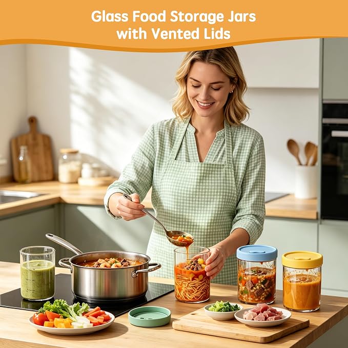 24oz Glass Soup Freezer Containers, 4Pcs Borosilicate Glass Soup Container with Vented Silicone Airtight Lid, Microwave & Freezer Safe Jars, Circular Meal Prep Storage for Stew, Sauc, Leftover