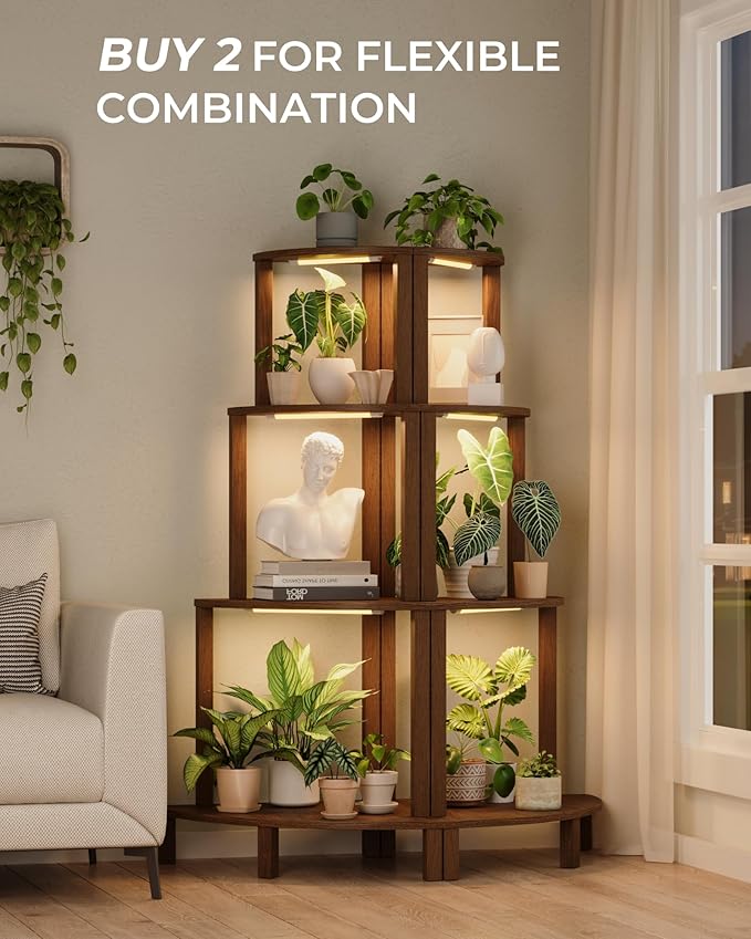 Bamworld Corner Plant Stand with Grow Lights 4-Tier Plant Stand Indoor Wood Plant Stand with Grow Light Tall Shelves Garden Decor for Living Room Balcony