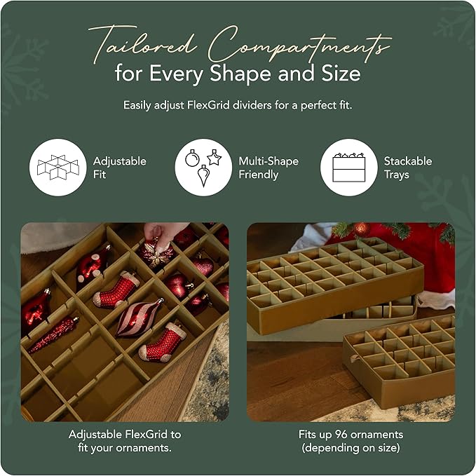 Covermates Keepsakes Adjustable Ornament Storage Box – Heavy-Duty Polyester, Padded Dividers & FlexGrid Trays – Protective Holiday Organizer with Stackable Walls & Label Window, Red Snowflake