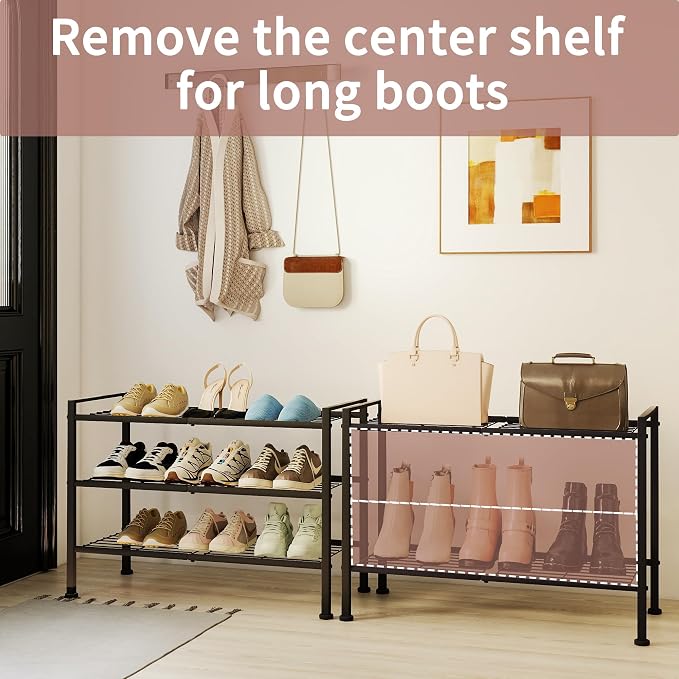 3-Tier Shoe Rack, 26.5" Wide Metal Organizer, Holds 9 Pairs | Storage Organizer for Closet and Entryway,Heavy-Duty Stand for Shoes, Books or Plants, Black