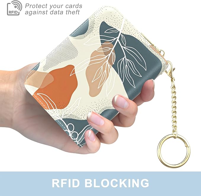 Aiawoxc Credit Card Holder, Small RFID Wallet Slim Leather Card Organizer Case with Zipper and Wristlet Strap, Abstract Boho Leaf