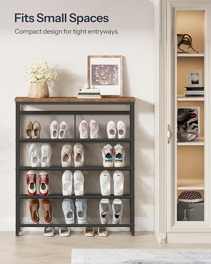CHOEZON Shoe Rack, 5-Tier Slanted Shoe Storage Shelf, Narrow Shoe Rack for Entryway, Shoe Organizer with Adjustable Feet, Slim Shoe Shelf with Wooden Top and Metal Frame Rustic Brown and Black TXJ02BF