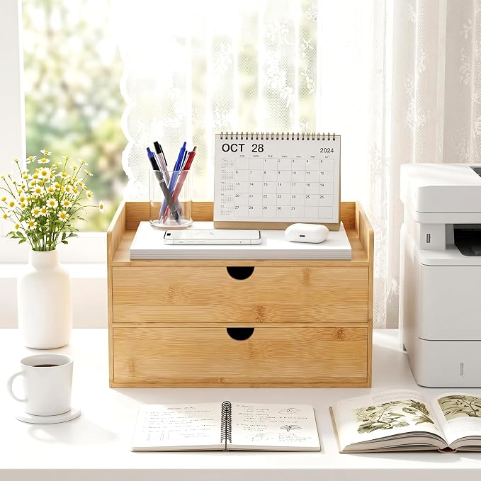 Bamboo Desk Organizer with Drawers, Desktop Storage for Office Supplies | 2 Drawers Desktop organizer, No Assembly Required, Natural Wood Wooden Desktop Drawers Box for Bills, Cosmetics, Seals, Paper