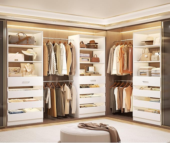 Aheaplus Closet System with 12 Drawers, 8.5-11.5Ft Wood Closet Organizer System with 4 Hanging Rods & 3 Towers, 4Ft & 6Ft L-Shaped Walk-in Closets Wardrobe Organizer Clothes Rack, Set of 3, White