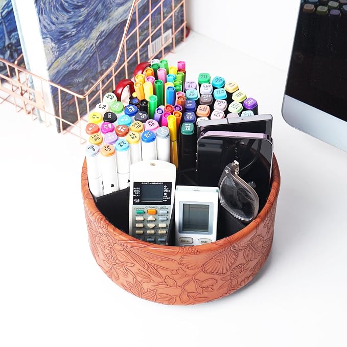 Remote Control Holder, 360°Spinning PU Leather Desk TV Remote Caddy,Desk Storage Box Room Accessories for Controller, Media,Mail,Calculator, Mobile Phone,Pencil(1-Carved Brown)