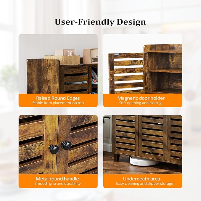VINGLI Large Shoe Cabinet with 3 Doors 6-Tier Ultra Wide Shoe Cabinet Storage for Entryway 30 Pairs Tall Shoe Organizer Cabinet Wooden Farmhouse Shoe Rack Cabinet Rustic Brown