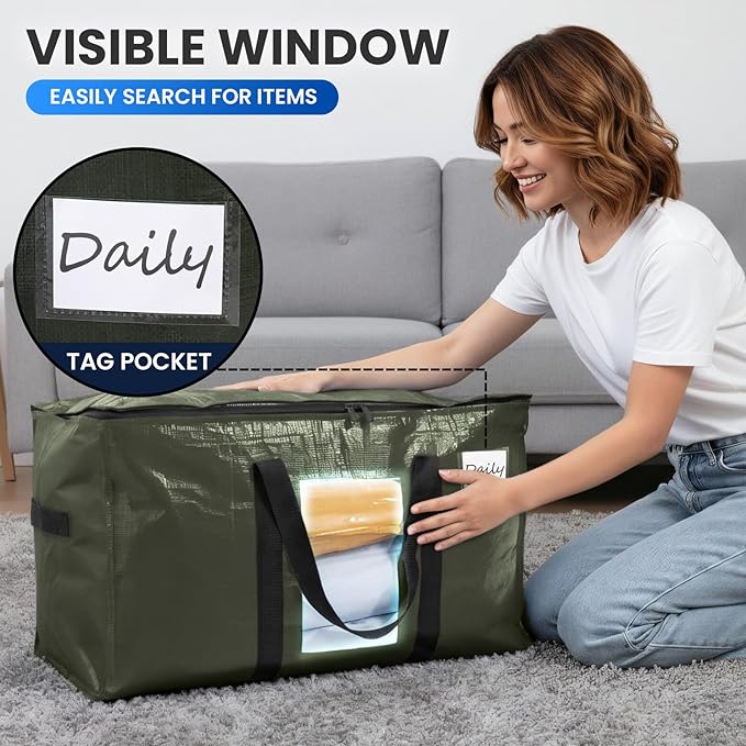 TAILI 2 Pack Green Extra Large Storage Bags, Heavy Duty Totes with Visible Window, Wrap Around Handles, Perfect for Moving