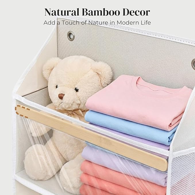 5 Tiers Natural Bamboo Over Door Organizer with 10 Mesh Side Pockets, 50 lbs Weight Capacity Hanging Storage Organizer with Clear Window Kids Toys, Shoes, Diapers, Warm Beige