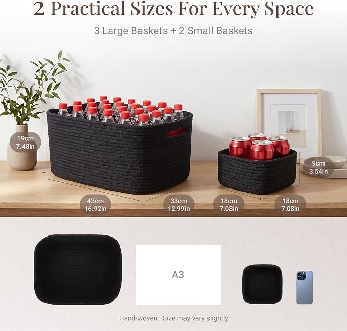 5-Pack Large Woven Rope Storage Baskets, 2 Sizes Organizer Bins | Fabric Cube Boxes and Rectangular Shallow Bins for Closet, Shelf, Bookshelf, Nursery, Changing Table, Bathroom, Toys & Home