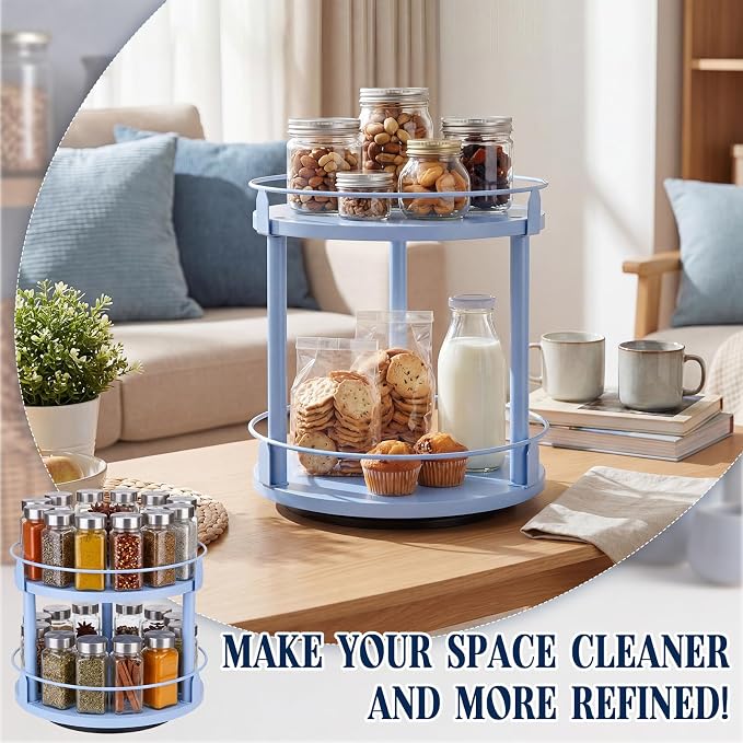 Light Blue Lazy Susan Organizer 2 Tier, Spice Rack Lazy Susan Organizer for Cabinet 10 Inch Rotating Spice Holder for Kitchen Countertop Pantry Dining Table Coffee Bar Storage