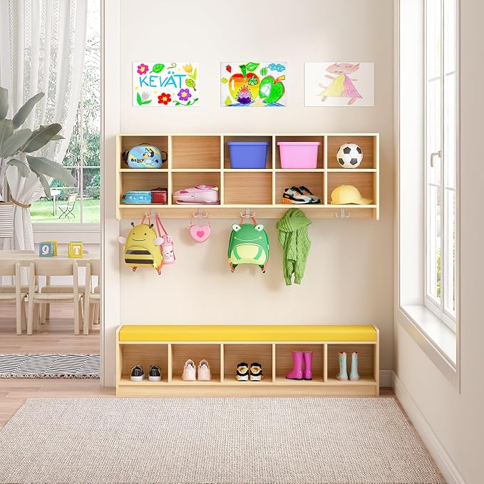 Wall-Mounted Cubby Storage Organizer 10-Section with Shoe Bench Set, Wooden Wall Cubbies with Hooks and Removable PU Cushion for Home, School, Nursery, and Kindergarten