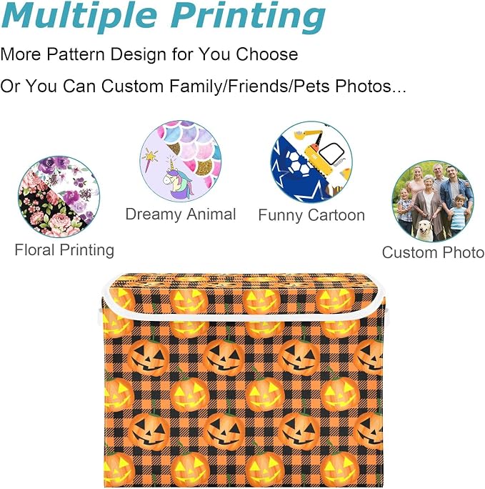 CaTaKu Large Fabric Storage Bins With Lids, Halloween Pumpkin Plaid Storage Boxes With Handles for Organizing Clothes, Collapsible Storage Cube Bins Baskets for Shelves