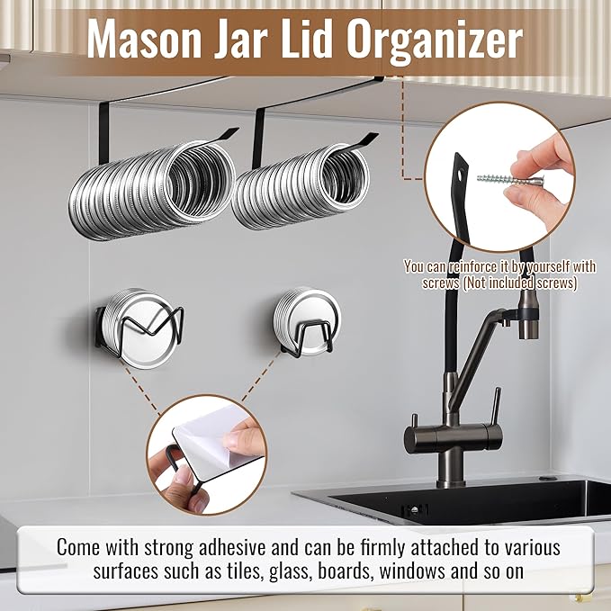 Dreyoo Mason Jar Lid Organizer, Canning Jar Lids Holder & Canning Rings Holder, Suitable for Regular and Wide Mouth Space Saving Tumbler Organizer for Easy Cleaning and Drainage (Black,8 Pack)