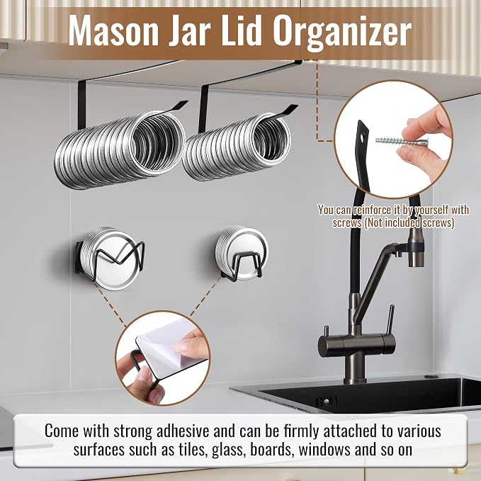 Dreyoo 4 Pcs Mason Jar Lid Organizer, Canning Jar Lids & Rings Holder | Holds Up to 38 Lids and 34 Rings, Come With Adhesive-Backed,Easy to Slide-On Cabinet, Stainless Steel and Iron (Black)