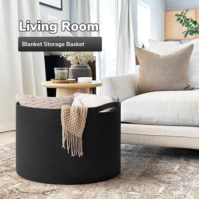 Goodpick Extra Large Woven Rope Basket for Blankets Living Room, 115L | 23.5 x 23.5 x 15.8 In Woven Basket for Storage, Kids Toy Storage for Playroom, Laundry Basket for Towels, Balck
