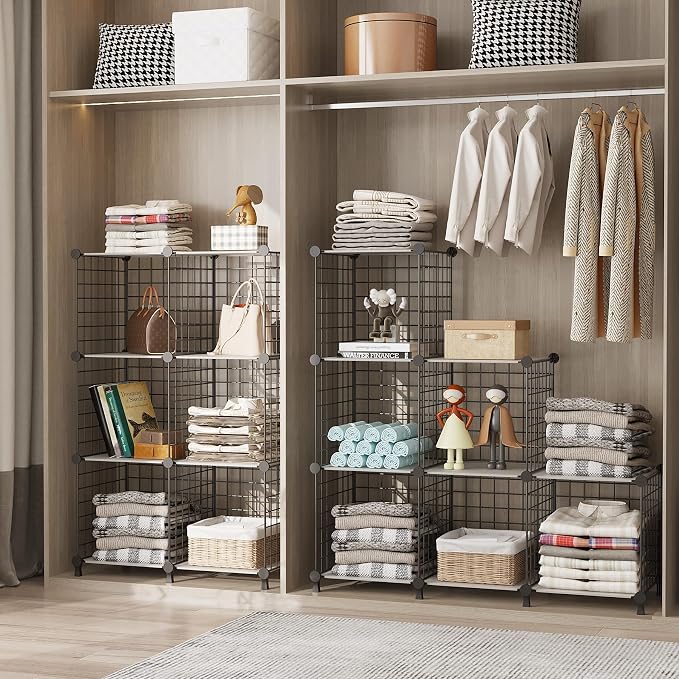 AWTATOS Wire 6 Cube Storage Organizer, Closet Storage Shelves Stackable | Metal Cube Storage Bookshelf, DIY Portable Closet Clothes Organizer, Wire Shelving for Bedroom, Home, Office Black