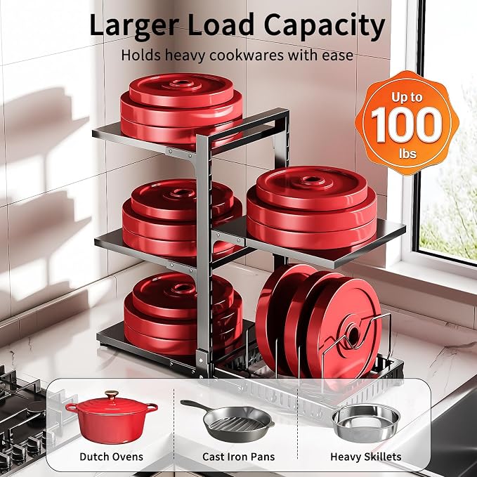 PureBox Pots and Pans Organizer Rack with Lid Holder – 8 pots, Solid Steel Shelves Heavy Duty Adjustable Under Cabinet Pot Rack, Double-Sided Cabinet Organizer, Black