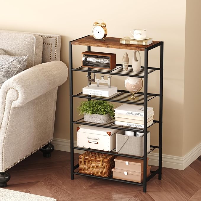 HOMEFORT Shoe Rack 6-Tier, Shoe Storage Shelf, Industrial Shoe Tower, Narrow Shoe Organizer for Closet Entryway, Small Shoe Rack Table with Durable Metal Shelves, Rustic Brown