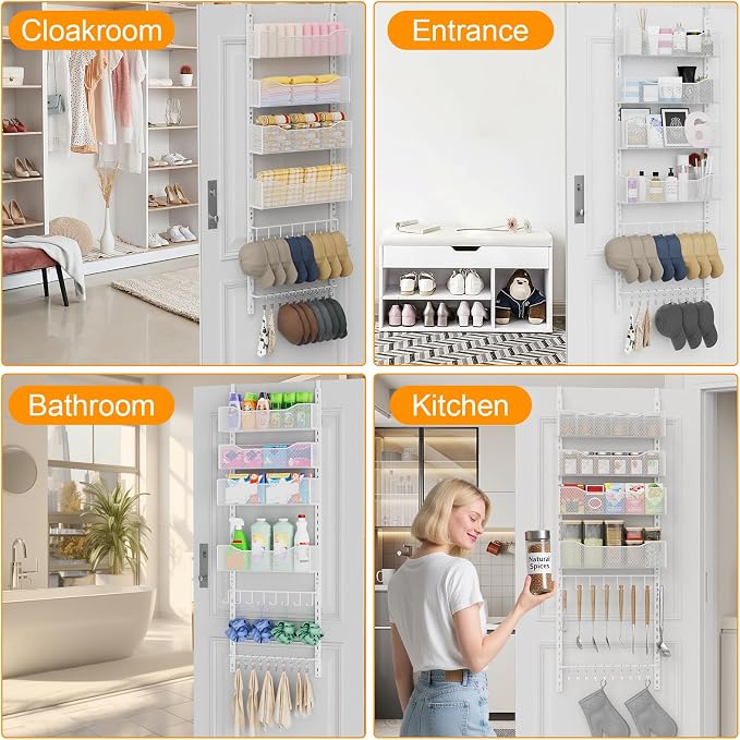 Over the Door Organizer, 2 in 1 Metal Hanging Closet Organizer & Hat Rack with 4 Adjustable Baskets, 8 Hooks, 10 Clips, Behind The Door Storage for Bedroom, Bathroom, Entrance, Closet, Kitchen, White