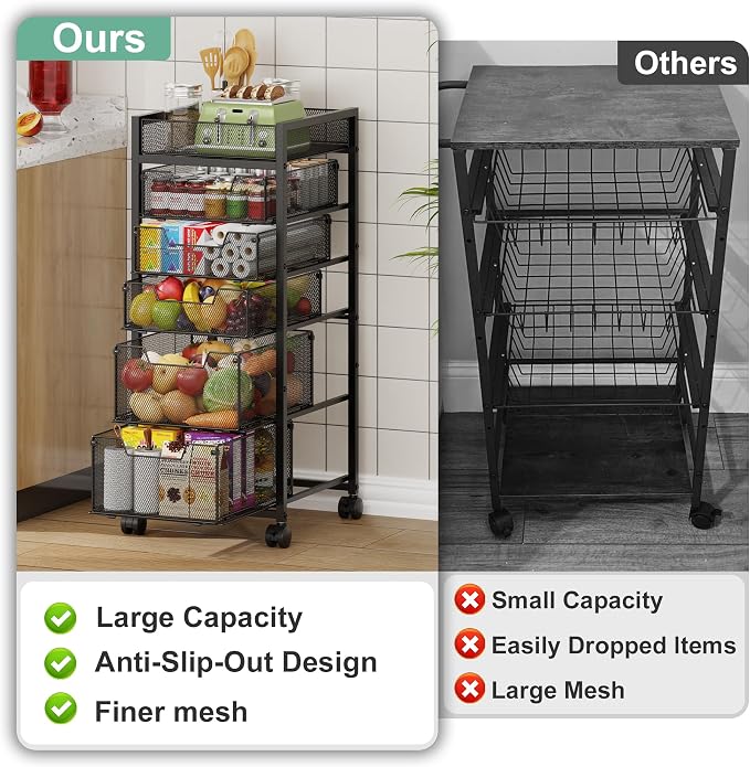6-Tier Rolling Cart with 5 Drawers & Top Basket, Snack Cart with Wheels | Metal Utility Storage Cart - Fruit Vegetable Rack on Wheels, Kitchen Organization for Cans, Spices, Craft, Art, Beauty