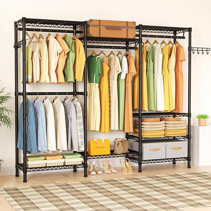 Golpart Heavy Duty Garment Rack Clothes Rack,Large Metal Closet Organizer System Storage Wardrobe,Freestanding Clothing Rack with 8 Adjustable Wire Shelves&4 Hang Rods,MaxLoad 800lbs