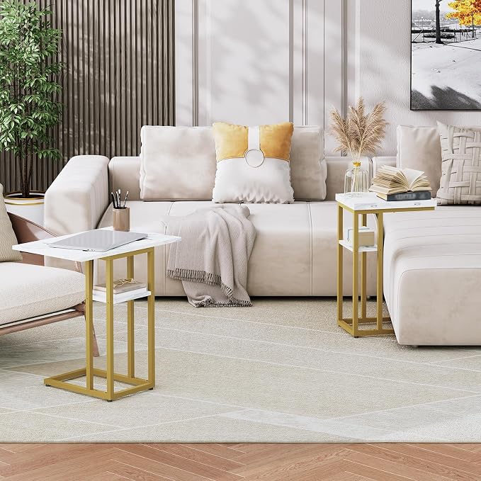HOOBRO Foldable C Shaped End Table, C Shaped Side Table with Storage Shelf, Small Snack Table, Slide Under Couch Table for Sofa, Living Room Bedroom Small Spaces Easy Assembly, Gold DM29SF01