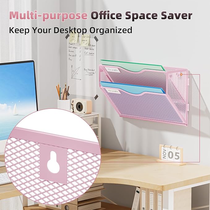 Marbrasse Wall File Holder 2-Tier Hanging Wall File Organizer, Mesh Mail Holder for Papers, Wall Mount File Clipboard & Magazine Organizer Great for Office Home (Pink)