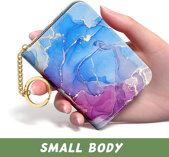 Aiawoxc Credit Card Holder for Women, Small RFID Wallet Slim Leather Card Organizer Case with Zipper and Keychain, Purple Marble