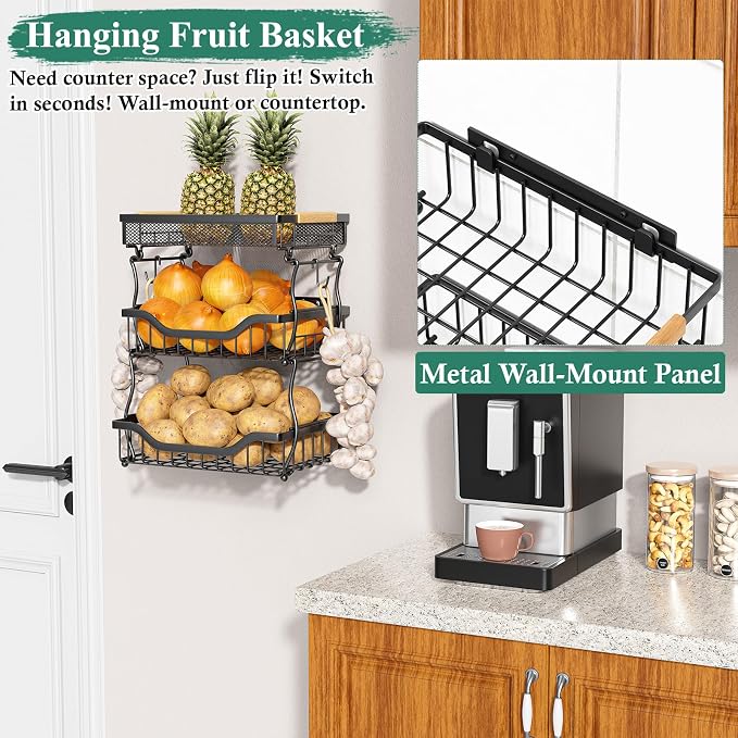 OKZEST 3-Tier Fruit Basket Fits Under Standard Upper Cabinet, 17.2" Tall | 2-In-1 Wall Mount & Countertop. Ultra-Fine Mesh Top Basket & Banana Hangers, Holds Potato, Onion, Bread, Snack, Fruit, Veggie