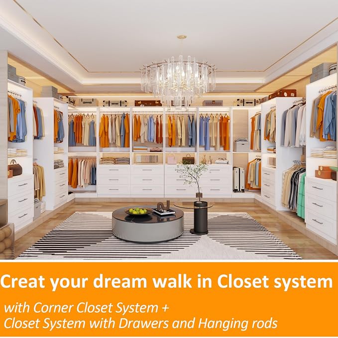 Closet System with 6 Wooden Drawers, 6.5-16FT Corner Closet Organizer System for Walk in Closet, Heavy Duty Modular Closet Systems, Built-in Shelving System with 7 Hanging Rods, 3-Piece Set