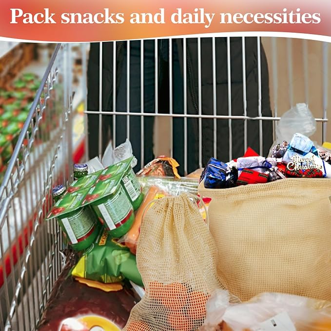 MAQIHAN Reusable Cotton Mesh Produce Bags - 6 Pack Mesh Storage Produce Bag | Durable Double Stitched Bags with Drawstring for Vegetables, Fruit and Grocery Shopping, 2L, 2M and 2S