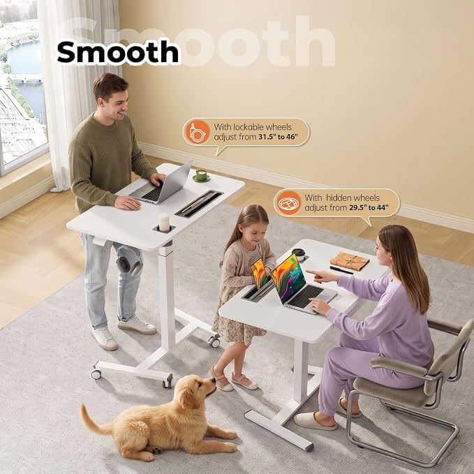 40"×24" Mobile Standing Desk with Drawer, Cup Holder & Hooks | Height Adjustable Portable Desk on Wheels, Small Computer Desk, Rolling Laptop Cart for Home Office, Classroom, White