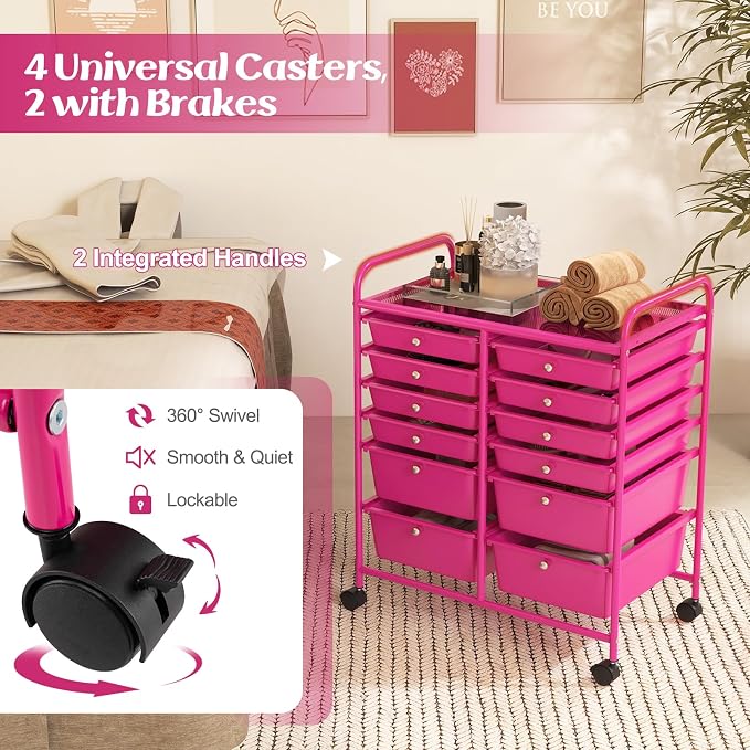 Moccha 12-Drawer Rolling Storage Cart - Utility Cart on Wheels with Lockable Casters for Craft Art Supply Paper Salon, Mobile Drawer Carts for Classroom Teacher School Office (Hot Pink)