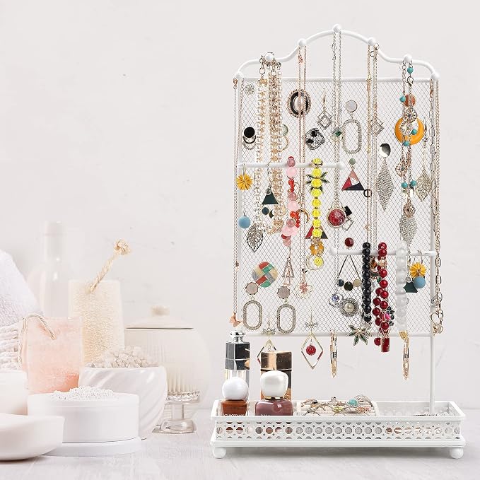 Meangood Jewelry Organizer Stand, Earring Holder Rack for Hanging Earrings Necklace Bracelets Watches Jewelry Display Large Rings Storage as Women Gift (White)