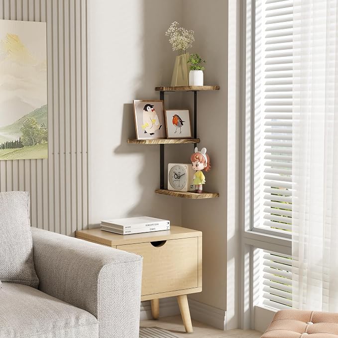 Love-KANKEI Corner Wall Shelf,3-Tier,Solid Wood,17" Tall,Carbonized Black | Easy to Install,26 lb Capacity,Floating Shelves & Brackets,For Bedroom,Living Room,Bathroom.Kitchen,Office Display,Wall Decor