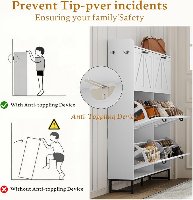 Wodeer Shoe Cabinet Storage for Entryway, Shoe Storage Cabinet with 6 Flip Drawers, Freestanding Narrow Shoe Rack Organizer with Metal Legs, Adjustable Shelves & Open Storage for Foyer, Hallway, White