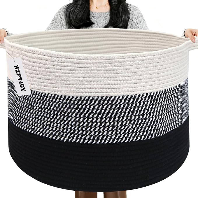 90L Extra Large Blanket Basket,Woven Rope Laundry Basket Hamper with Handles, Decorative Nursery Basket Storage Bin for Toys, Clothes Organizer, Living Room, Bedroom, Bathroom, Black